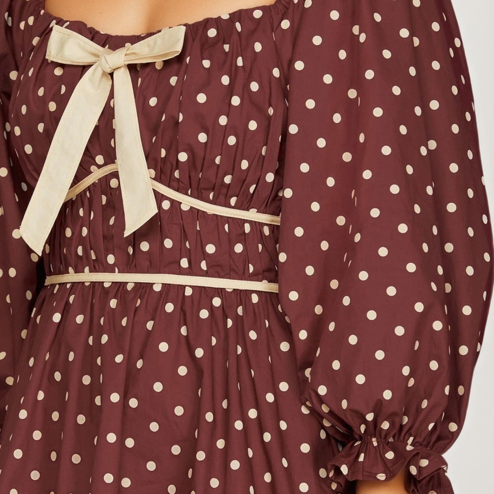 Polka Dot Puff Sleeve Bow Mini Dress NWT - Picture 2 of 8